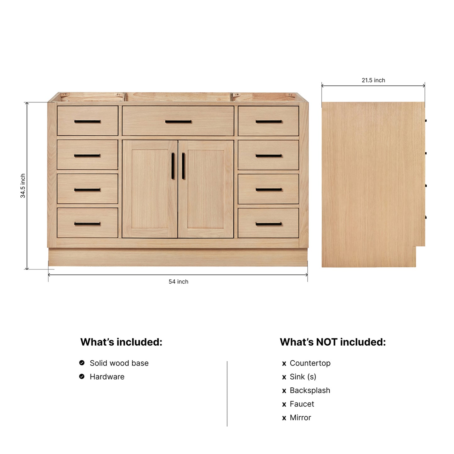Isabella 54-inch Natural Oak base cabinet on dimensions