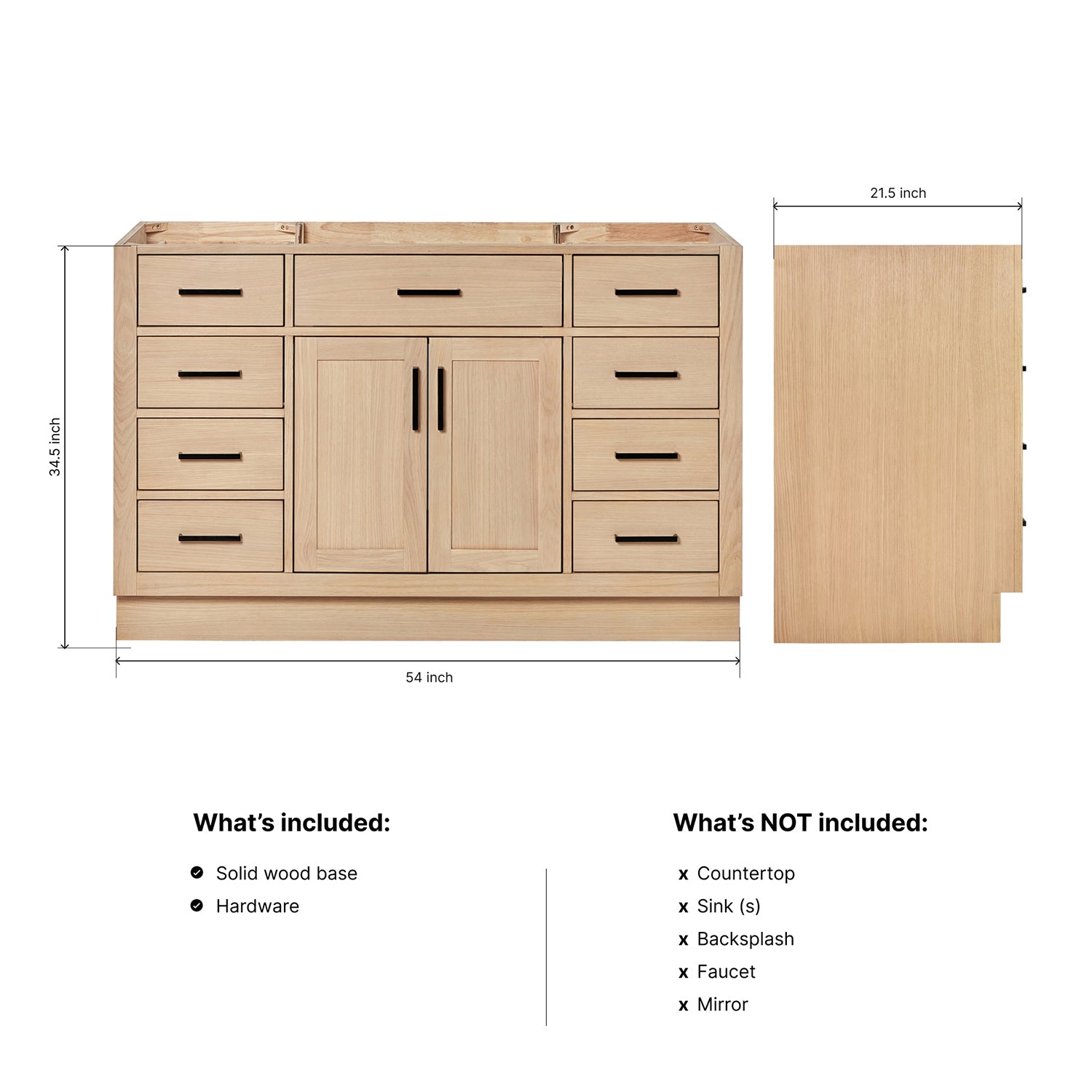 Isabella 54-inch Natural Oak base cabinet on dimensions