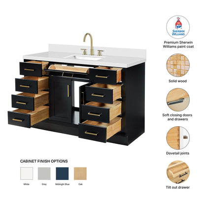 Isabella 54-Inch Black bathroom vanity – feature highlights: solid wood frame, soft-close doors and drawers, Sherwin-Williams paint finish