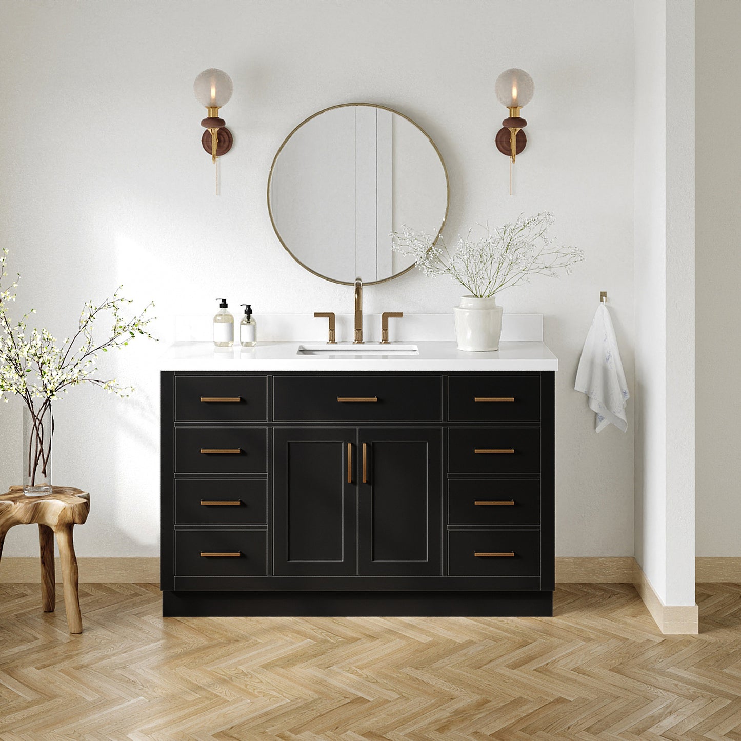 Isabella 54-Inch Black bathroom vanity in styled bathroom setting