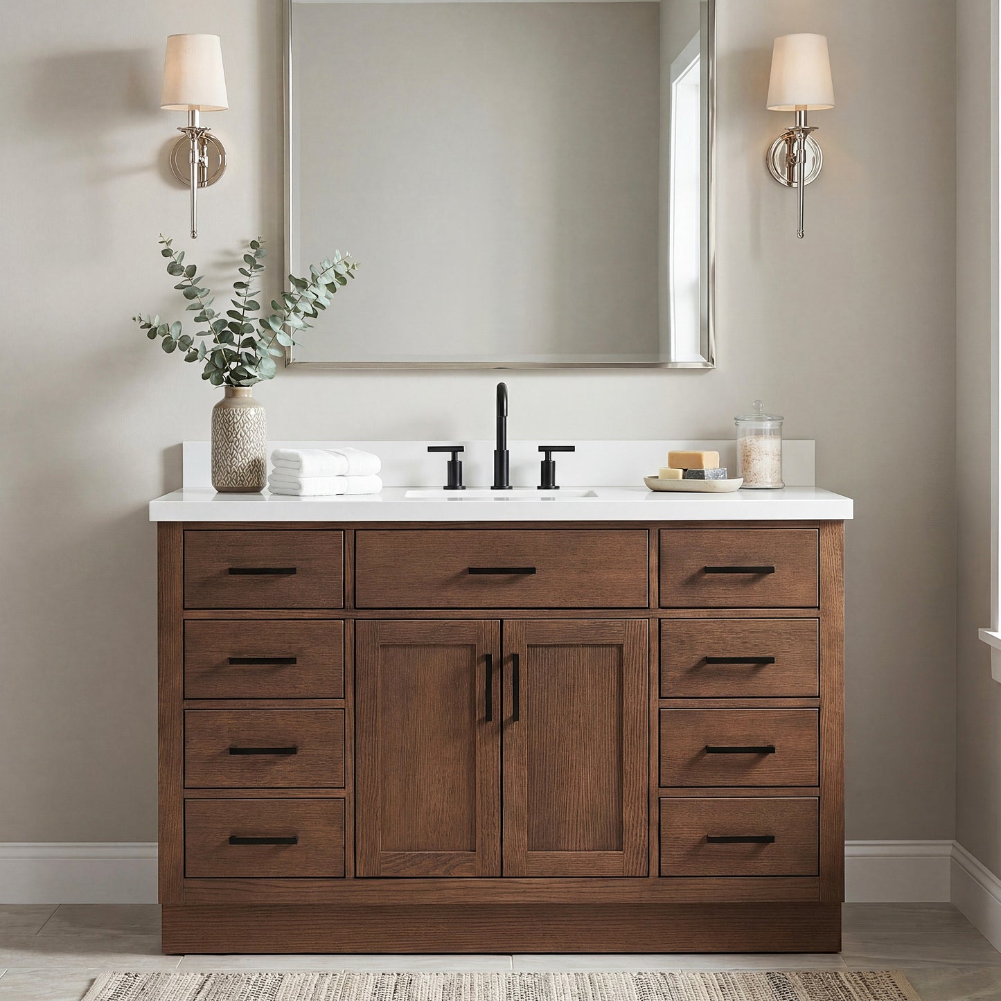 Isabella 54-Inch Brown Oak bathroom vanity in styled bathroom setting