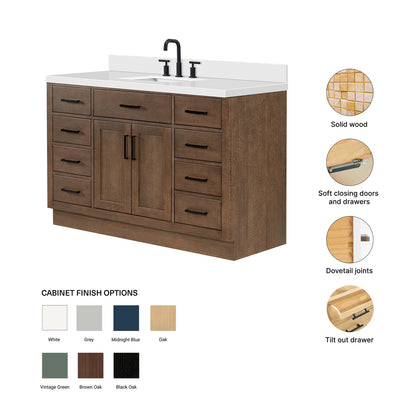 Isabella 54-Inch Brown Oak bathroom vanity – feature highlights: solid wood frame, soft-close doors and drawers, Sherwin-Williams paint finish