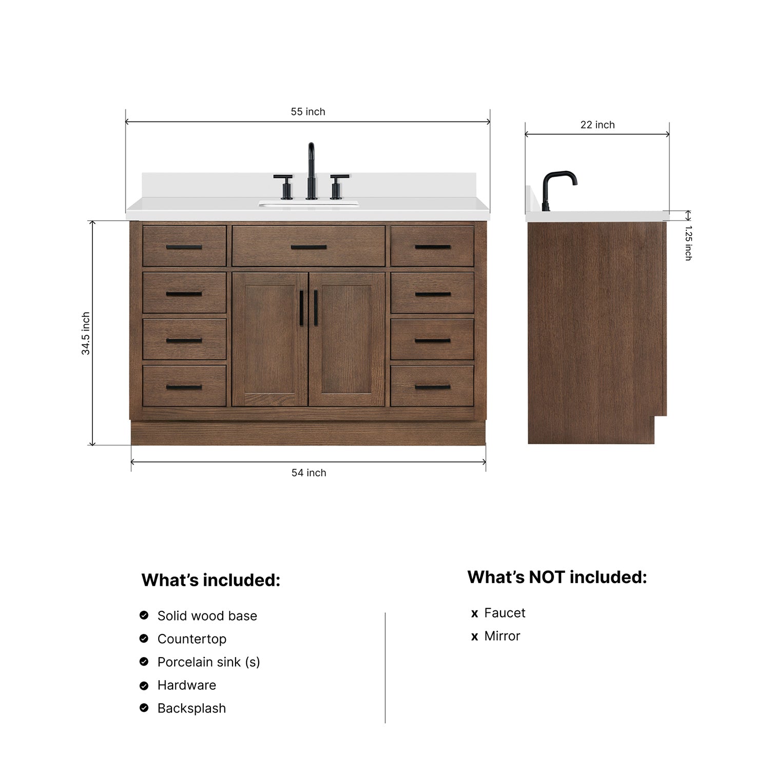 Isabella 54-Inch Brown Oak bathroom vanity dimensions