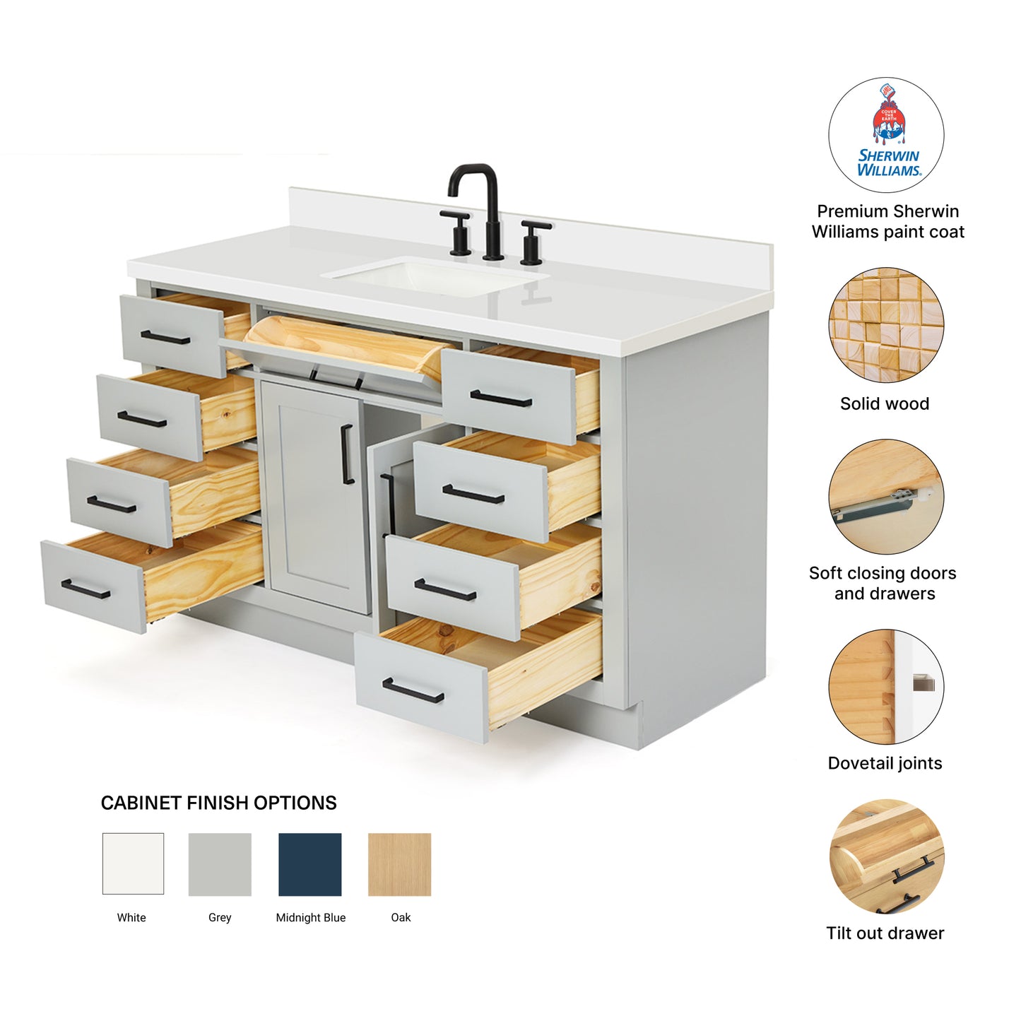 Isabella 54-Inch Grey bathroom vanity – feature highlights: solid wood frame, soft-close doors and drawers, Sherwin-Williams paint finish