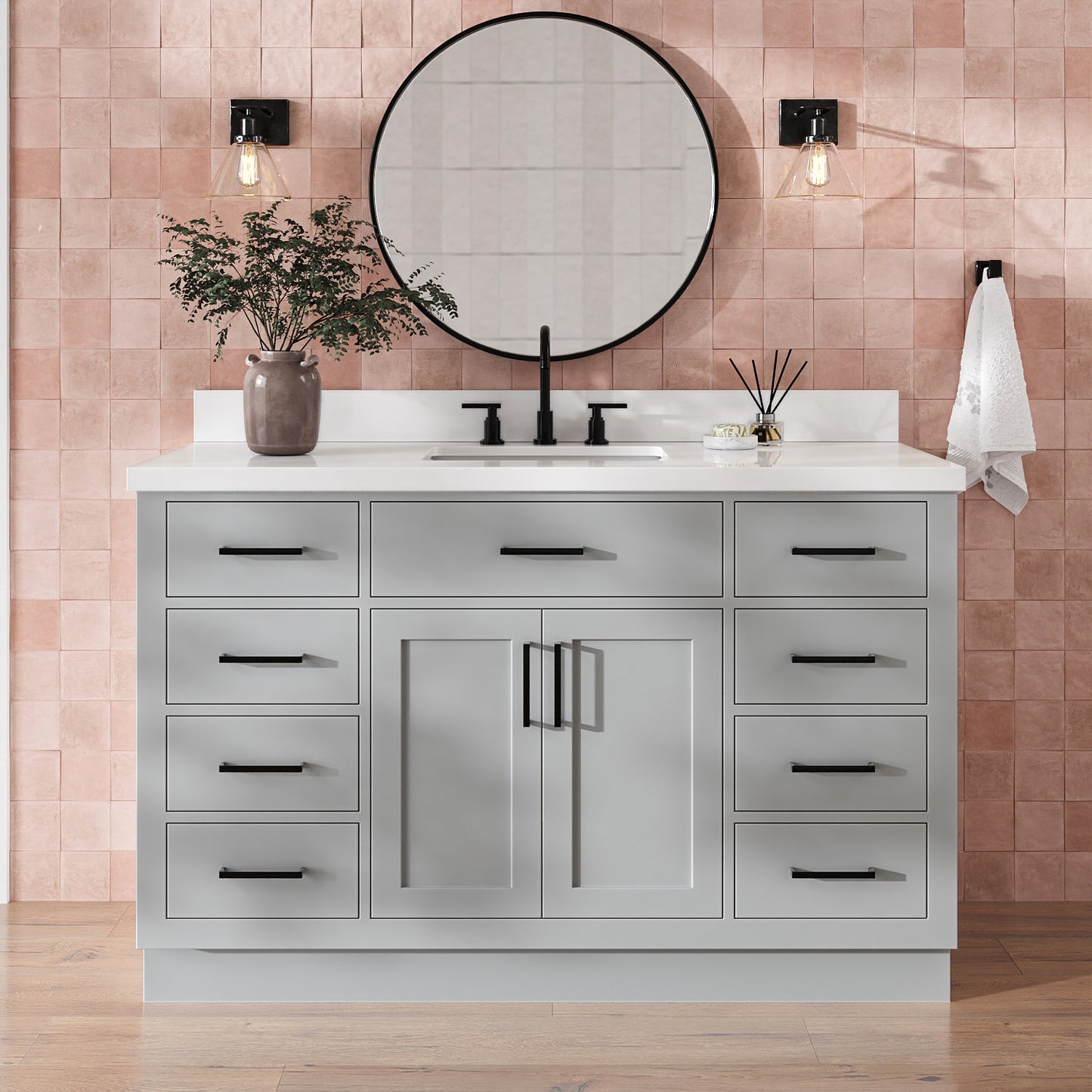 Isabella 54-Inch Grey bathroom vanity in styled bathroom setting