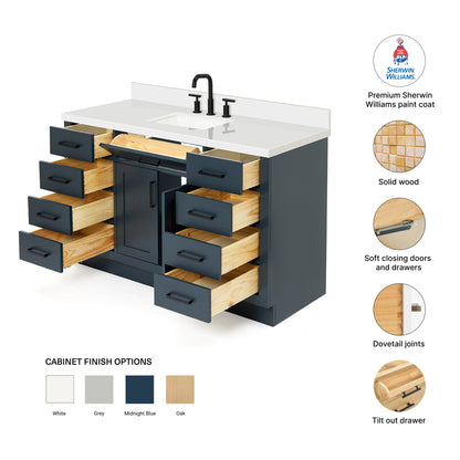Isabella 54-Inch Midnight Blue bathroom vanity – feature highlights: solid wood frame, soft-close doors and drawers, Sherwin-Williams paint finish