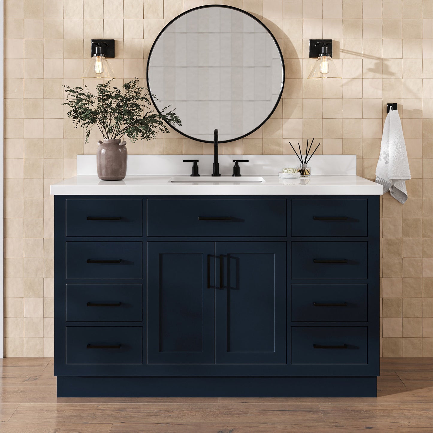 Isabella 54-Inch Midnight Blue bathroom vanity in styled bathroom setting