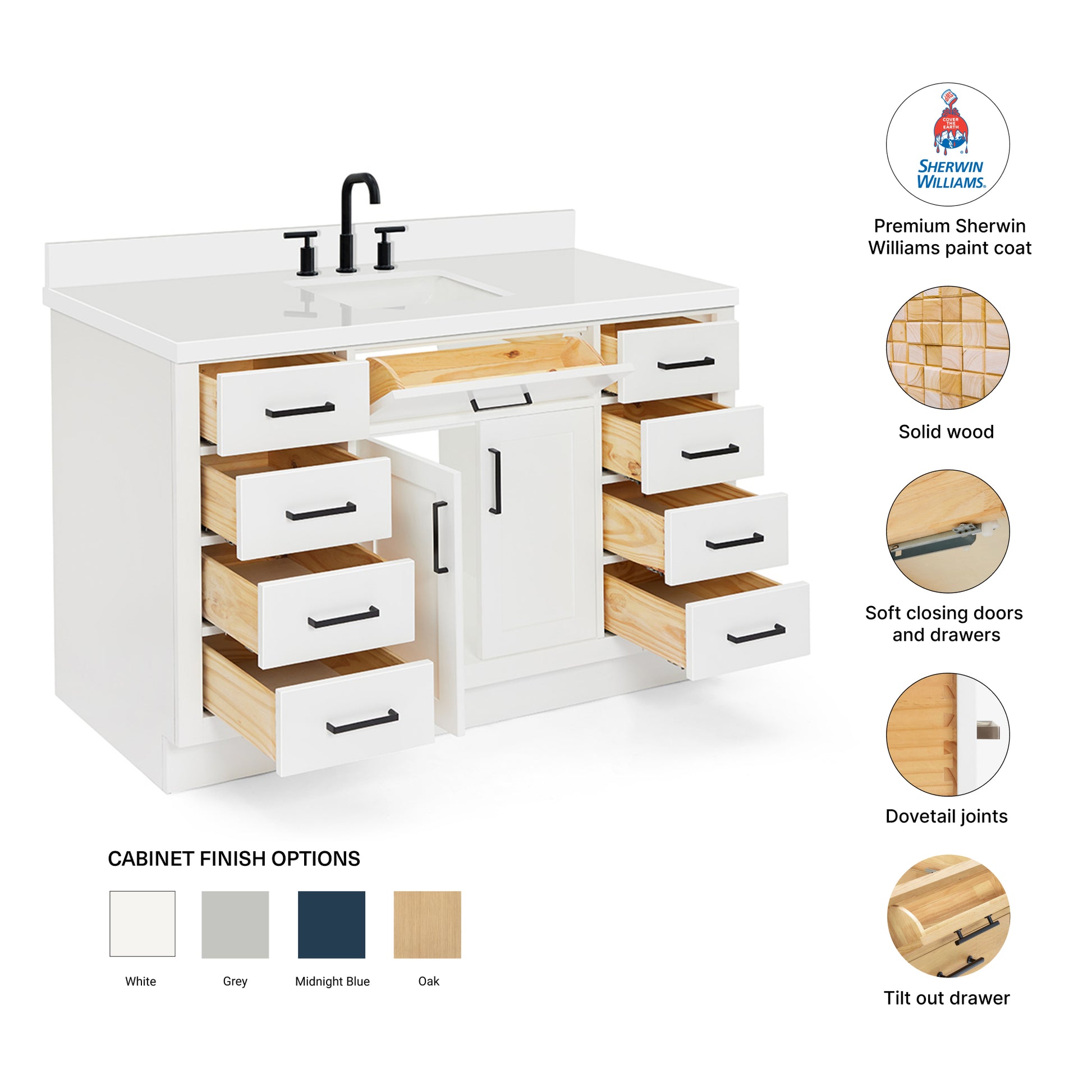 Isabella 54-Inch White bathroom vanity – feature highlights: solid wood frame, soft-close doors and drawers, Sherwin-Williams paint finish
