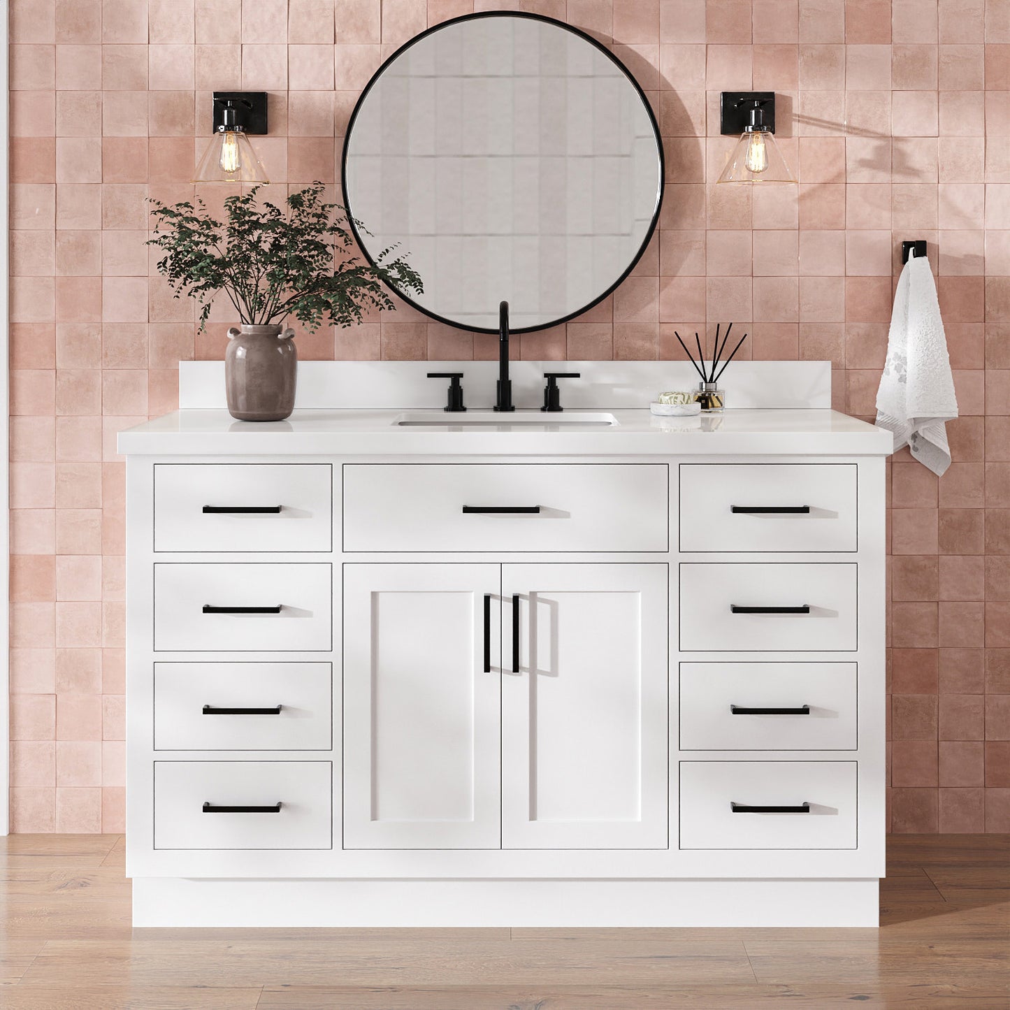 Isabella 54-Inch White bathroom vanity in styled bathroom setting