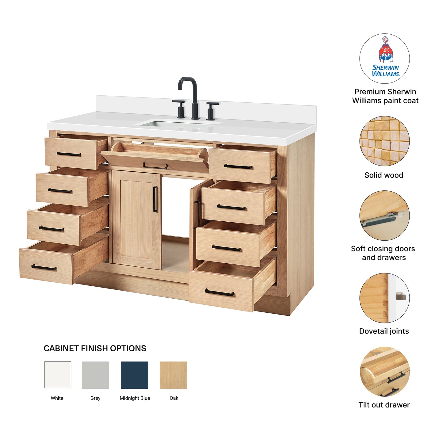 Isabella 54-Inch White Oak bathroom vanity – feature highlights: solid wood frame, soft-close doors and drawers, Sherwin-Williams paint finish