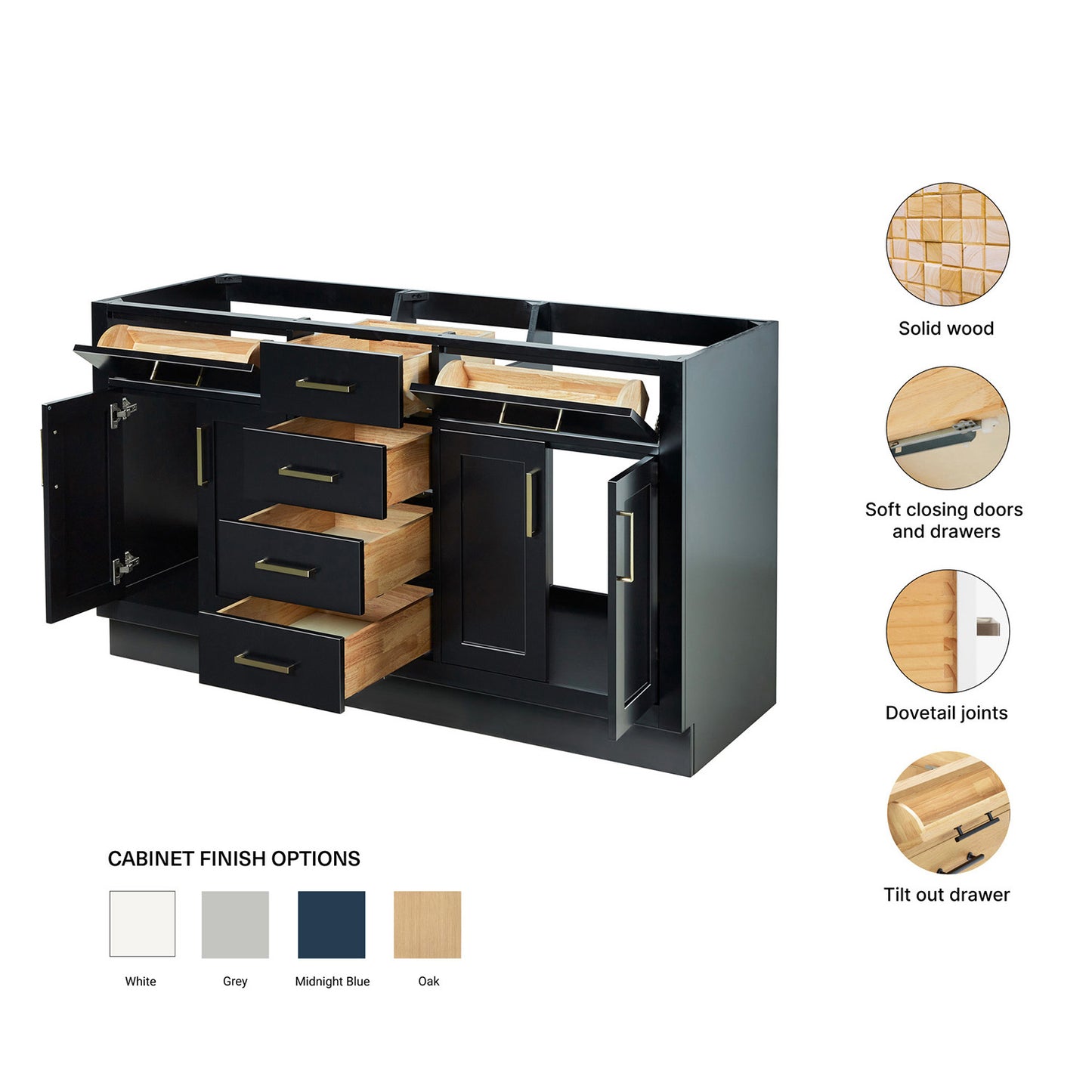 Isabella 60-inch Black base cabinet on feature highlights: solid wood frame, soft-close doors and drawers, Sherwin-Williams paint finish