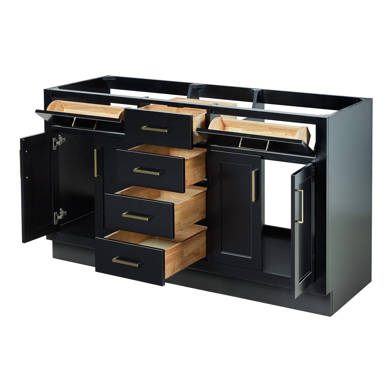 Isabella 60-inch Black base cabinet on white back ground side view open door
