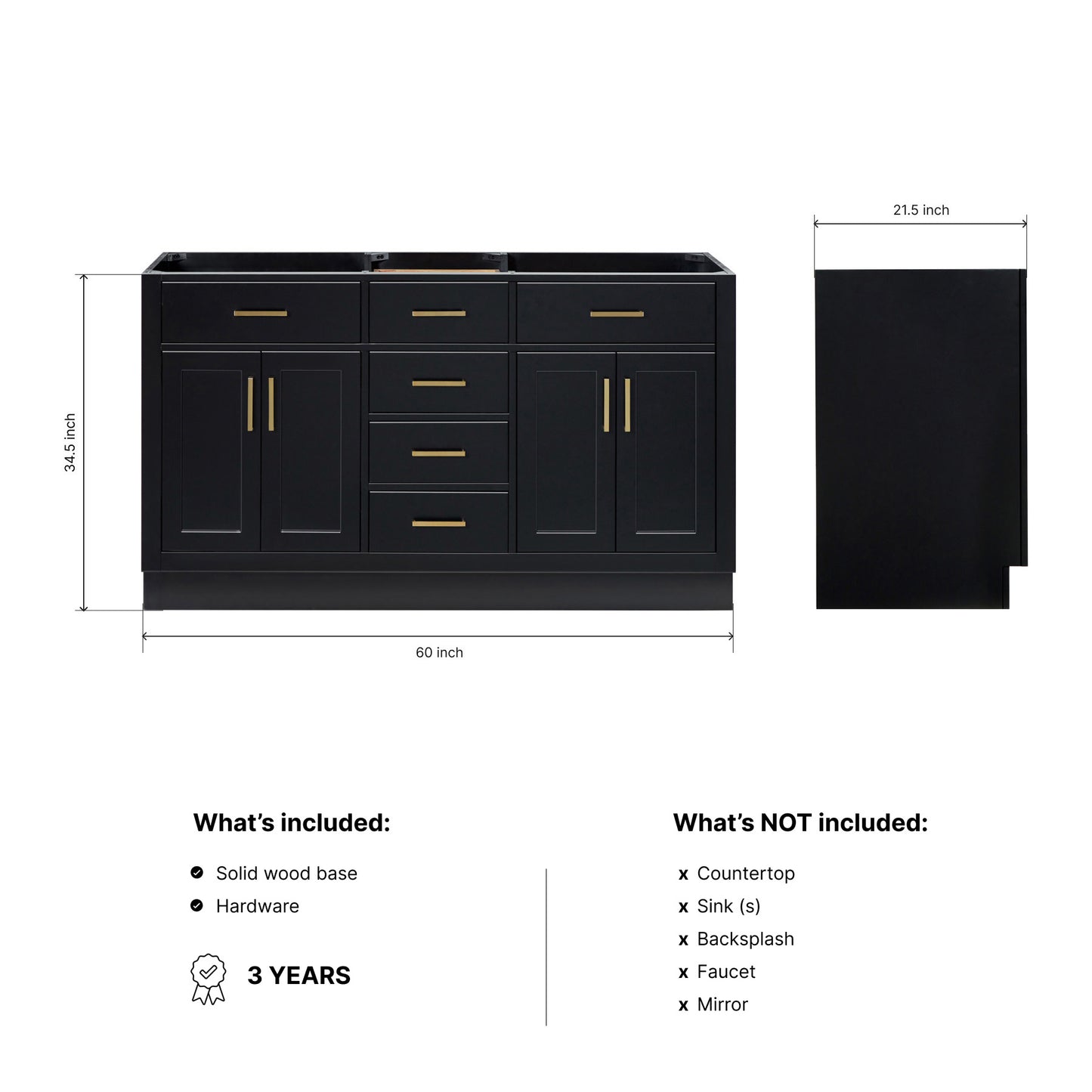 Isabella 60-inch Black base cabinet on dimensions