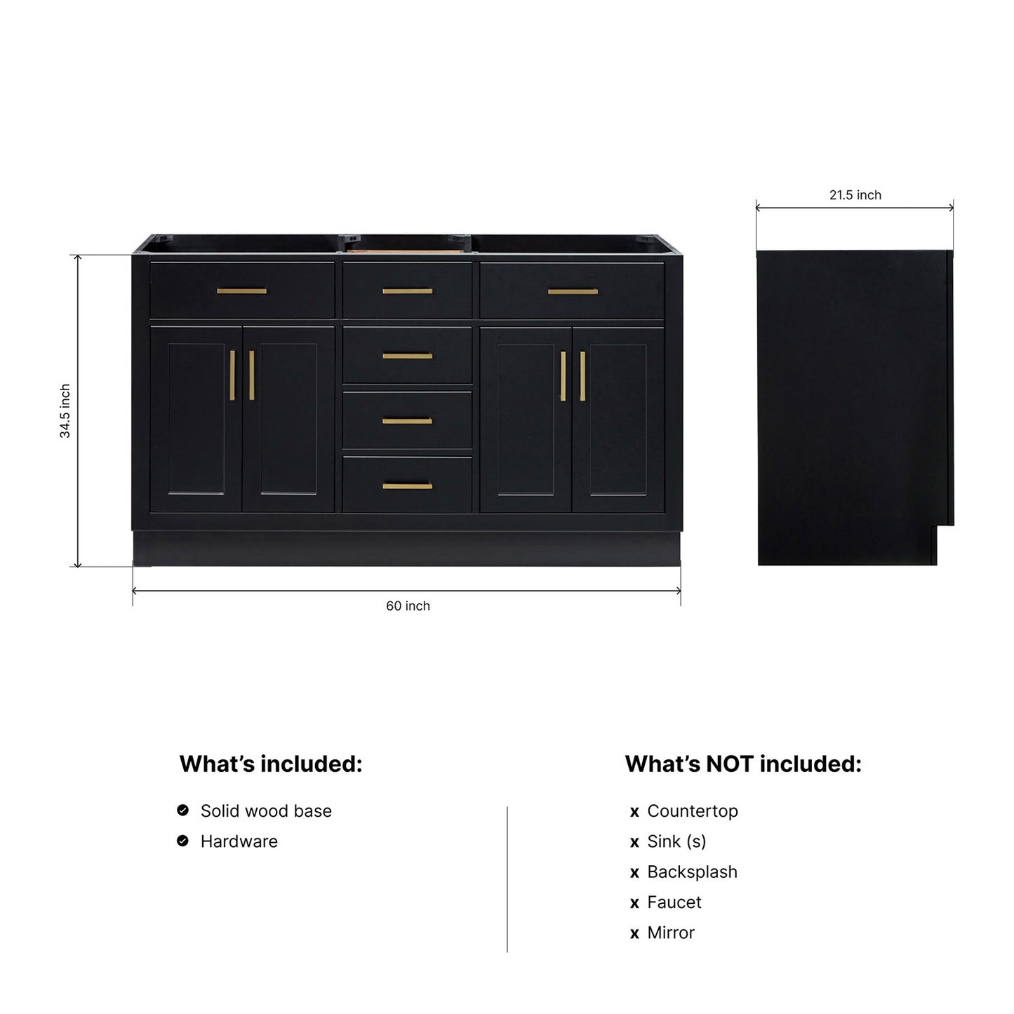 Isabella 60-inch Black base cabinet on dimensions