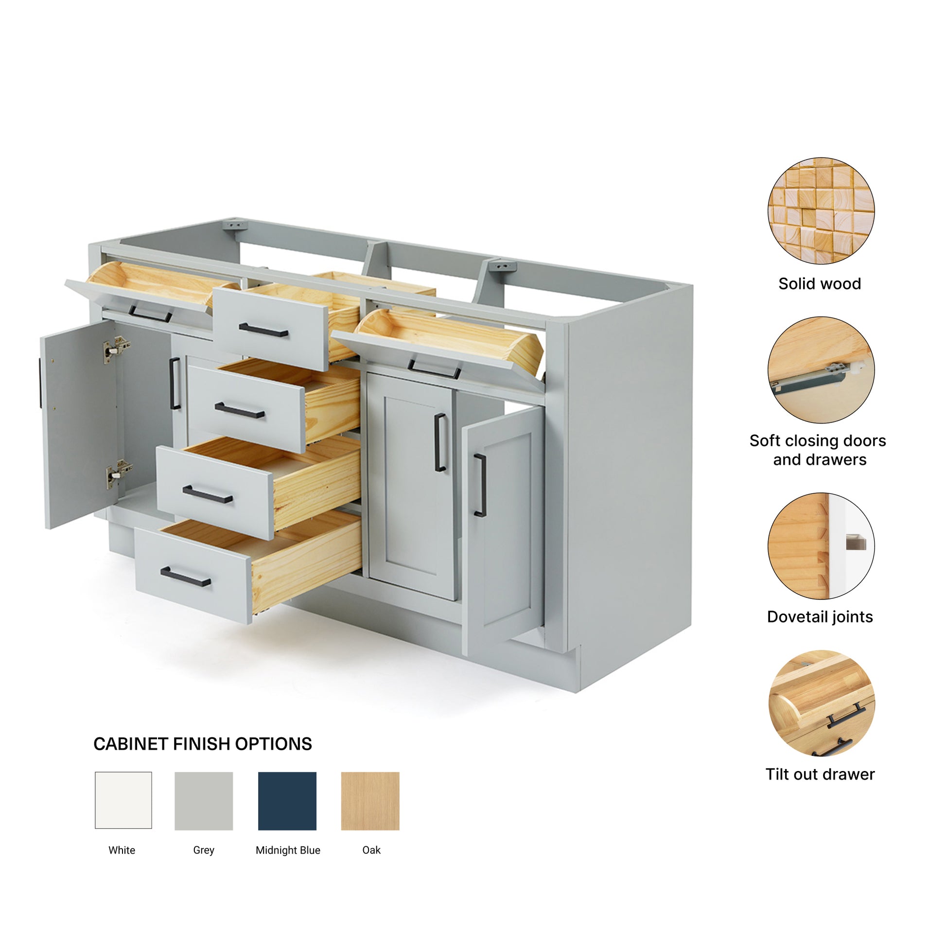 Isabella 60-inch Grey base cabinet on feature highlights: solid wood frame, soft-close doors and drawers, Sherwin-Williams paint finish