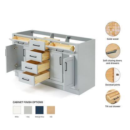 Isabella 60-inch Grey base cabinet on feature highlights: solid wood frame, soft-close doors and drawers, Sherwin-Williams paint finish