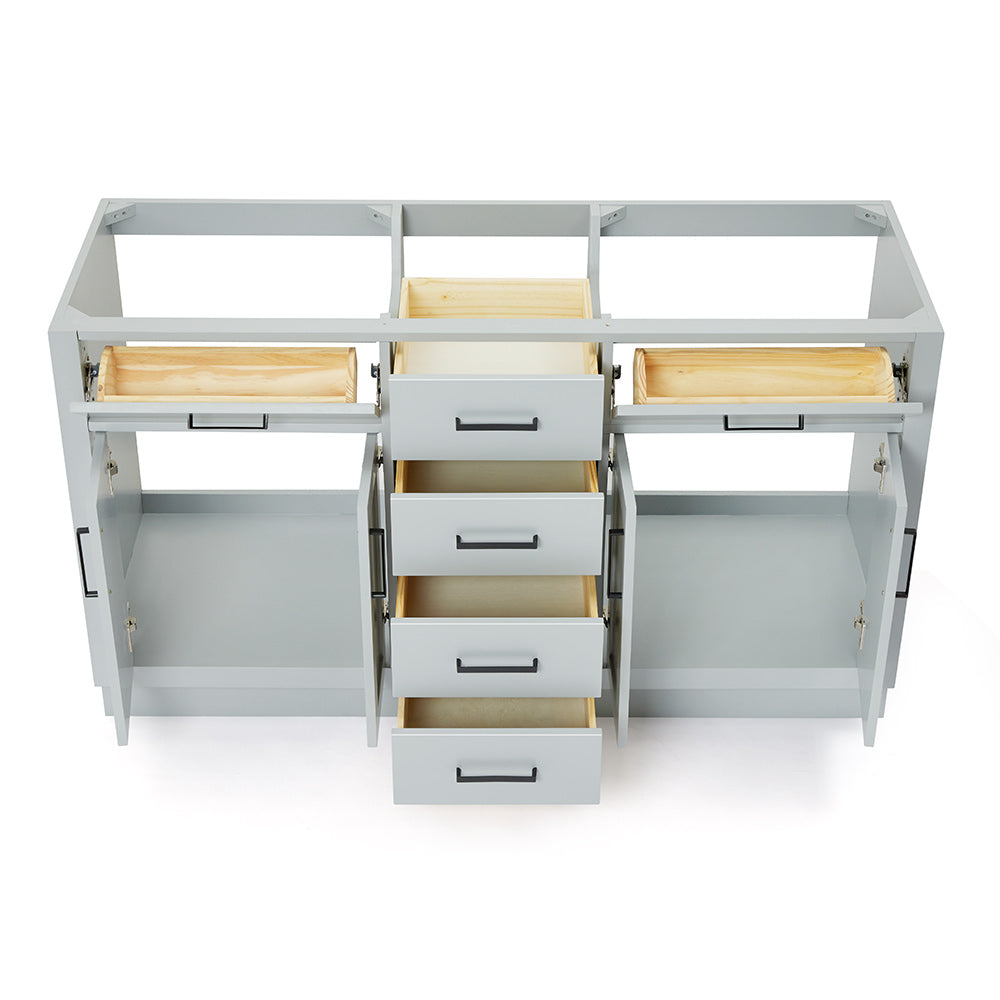 Isabella 60-inch Grey base cabinet on white back ground front view open door