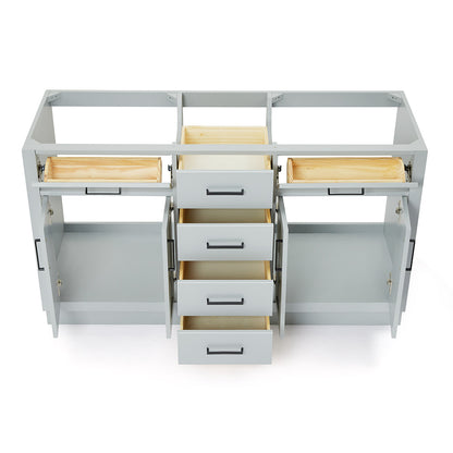 Isabella 60-inch Grey base cabinet on white back ground front view open door