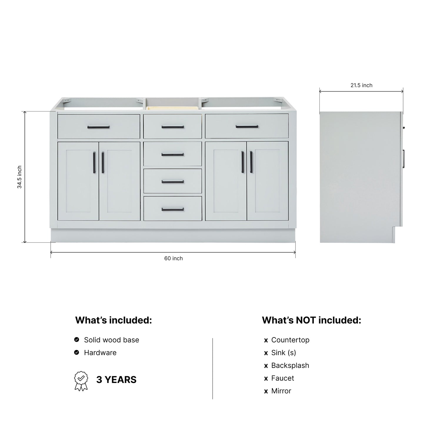 Isabella 60-inch Grey base cabinet on dimensions