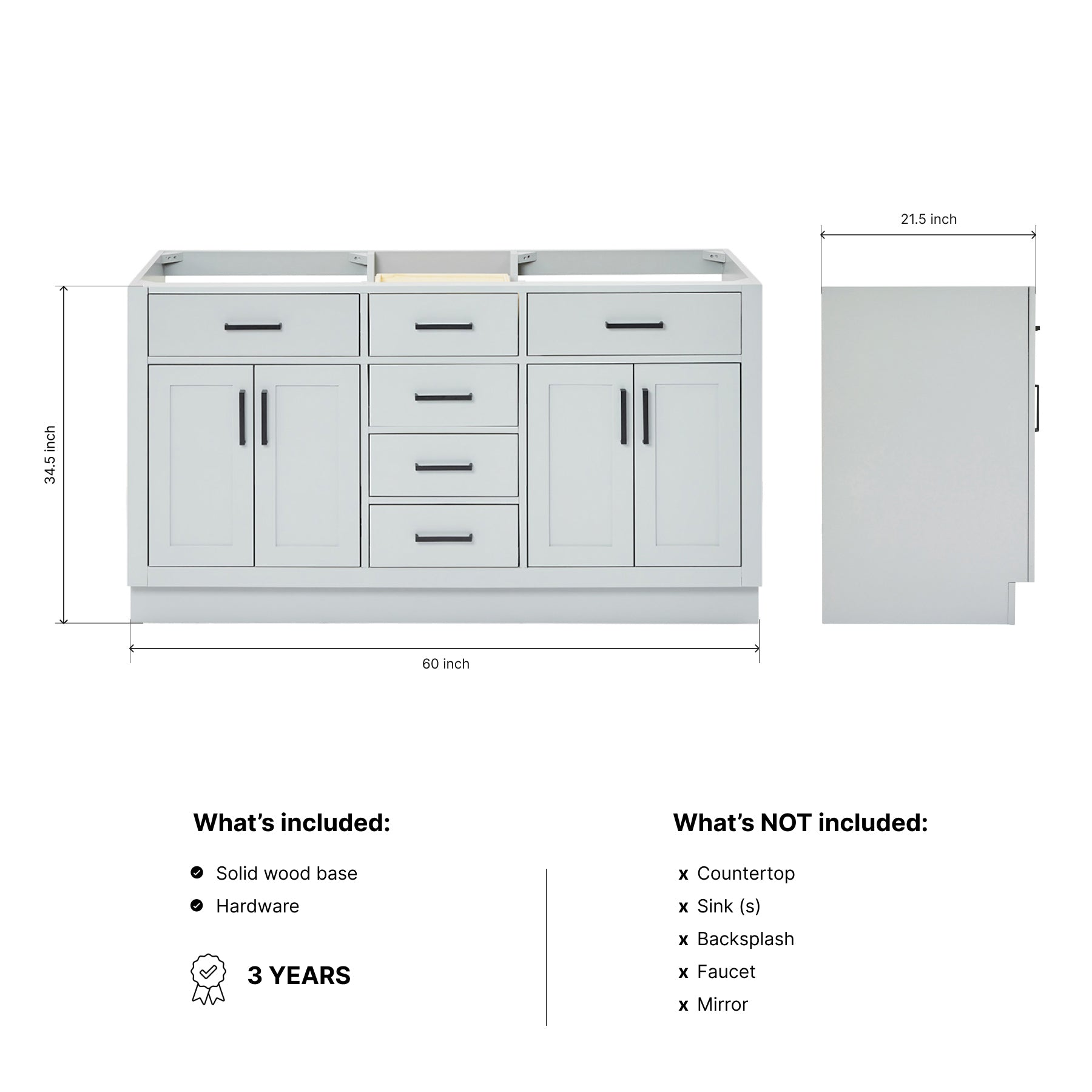 Isabella 60-inch Grey base cabinet on dimensions