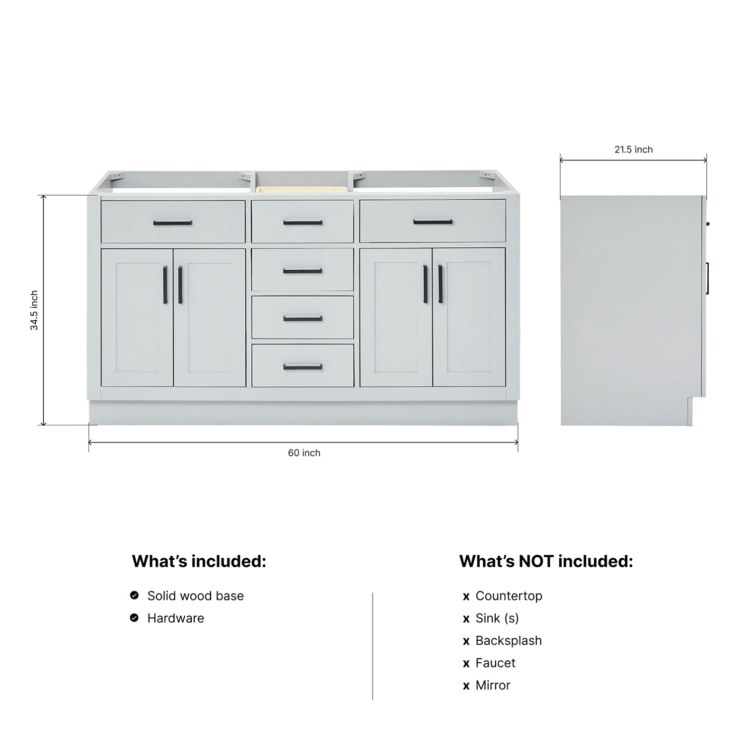 Isabella 60-inch Grey base cabinet on dimensions