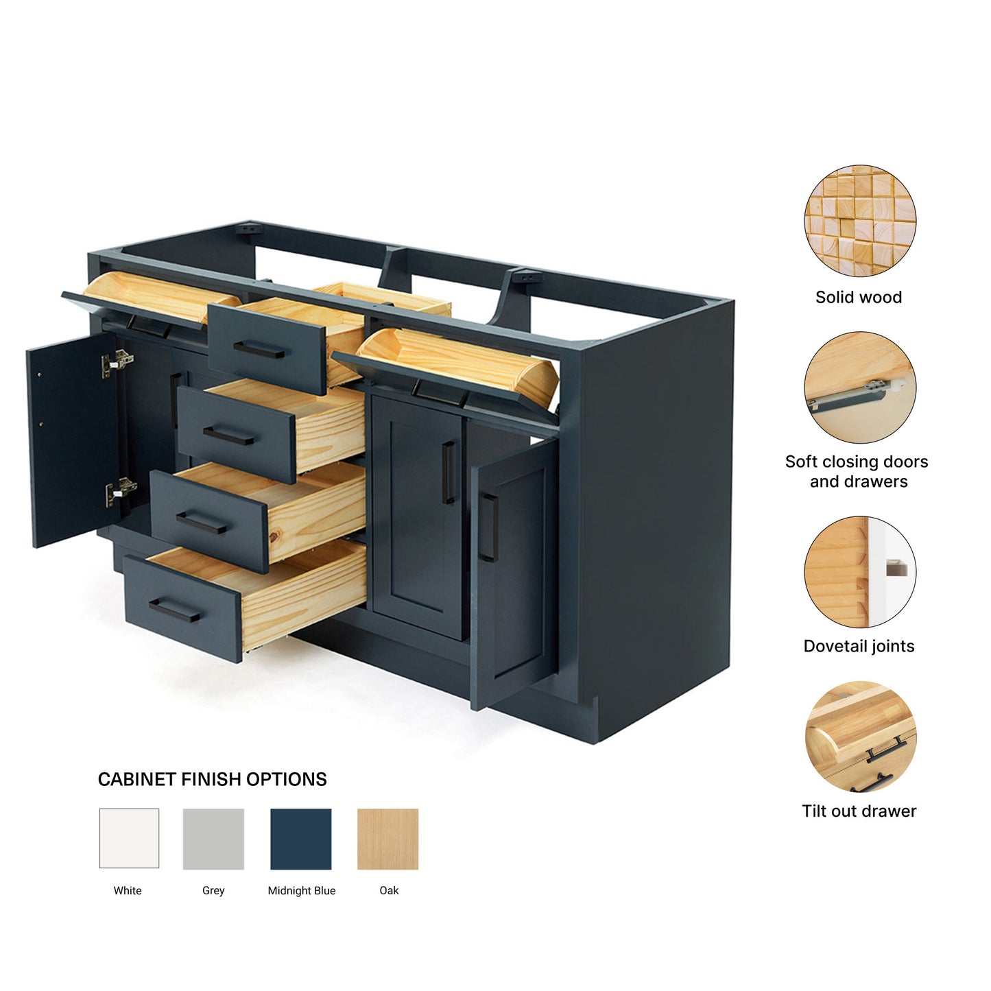 Isabella 60-inch Midnight Blue base cabinet on feature highlights: solid wood frame, soft-close doors and drawers, Sherwin-Williams paint finish