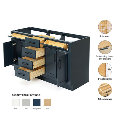 Isabella 60-inch Midnight Blue base cabinet on feature highlights: solid wood frame, soft-close doors and drawers, Sherwin-Williams paint finish