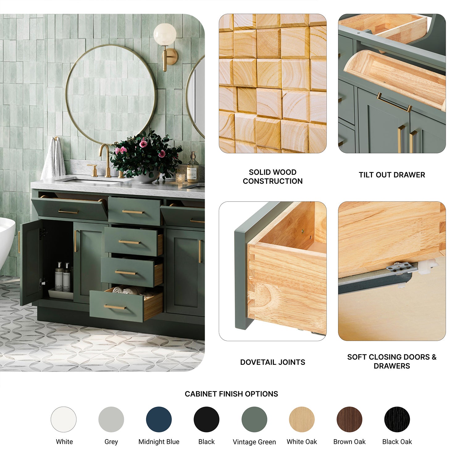Isabella 60-inch Vintage Green base cabinet on feature highlights: solid wood frame, soft-close doors and drawers, Sherwin-Williams paint finish