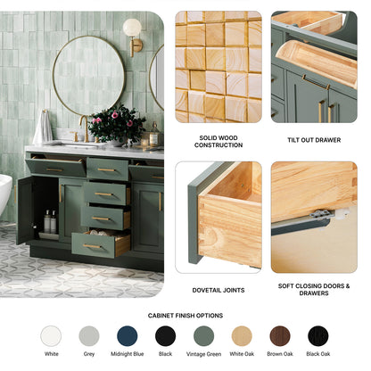 Isabella 60-inch Vintage Green base cabinet on feature highlights: solid wood frame, soft-close doors and drawers, Sherwin-Williams paint finish