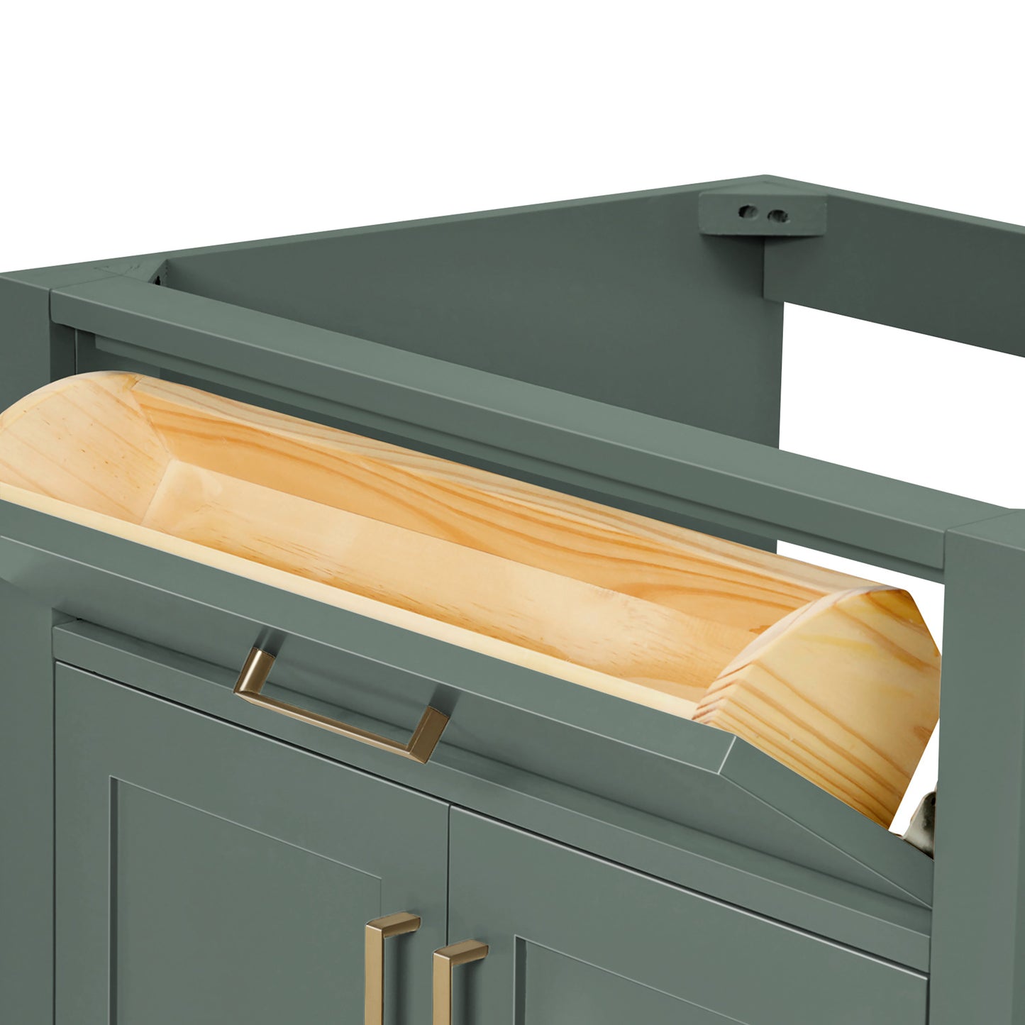 Isabella 60-inch Vintage Green base cabinet on white back ground side view open door