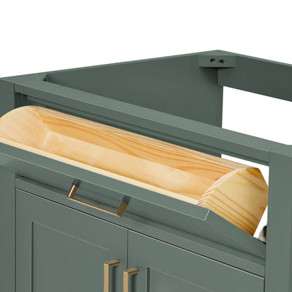 Isabella 60-inch Vintage Green base cabinet on white back ground side view open door