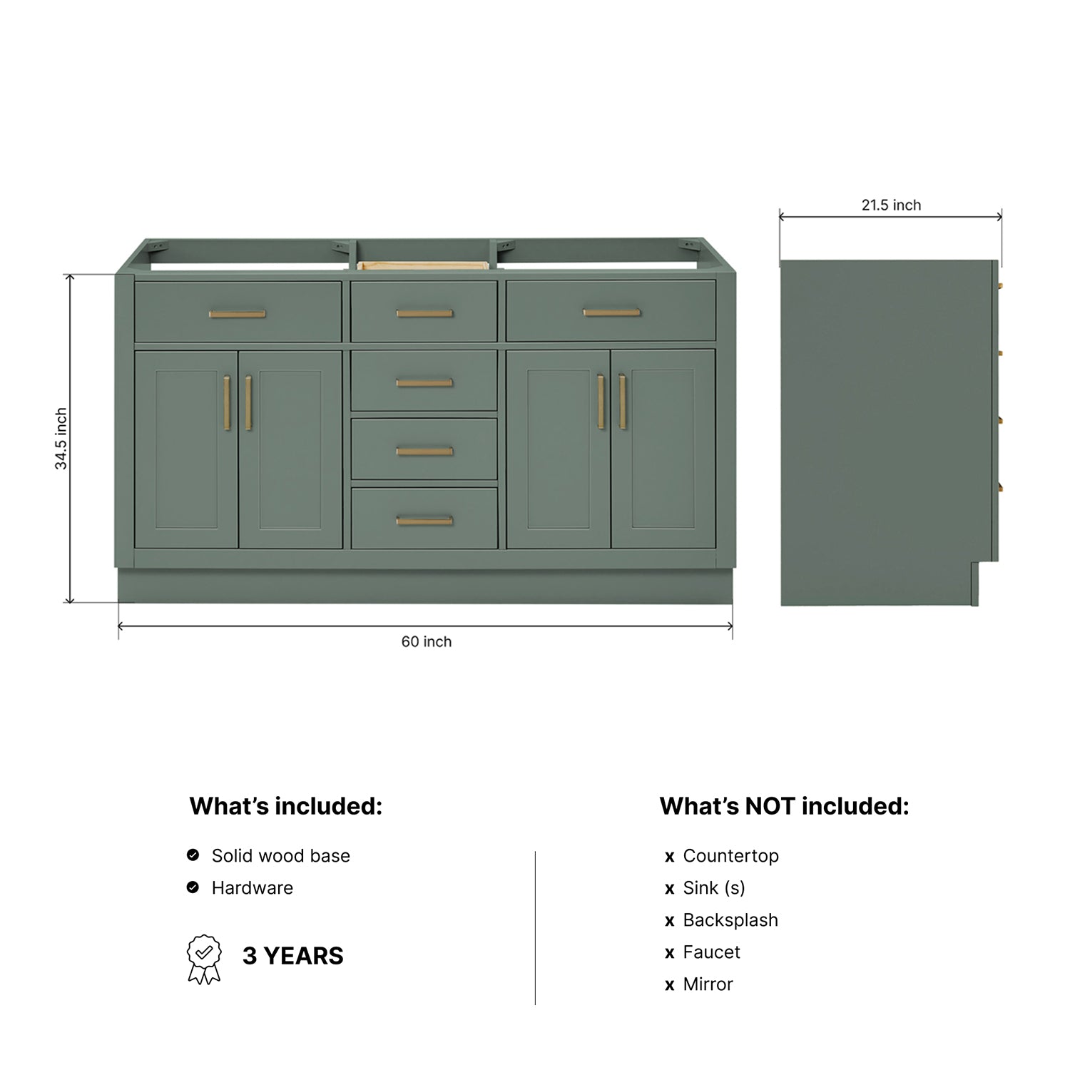 Isabella 60-inch Vintage Green base cabinet on dimensions