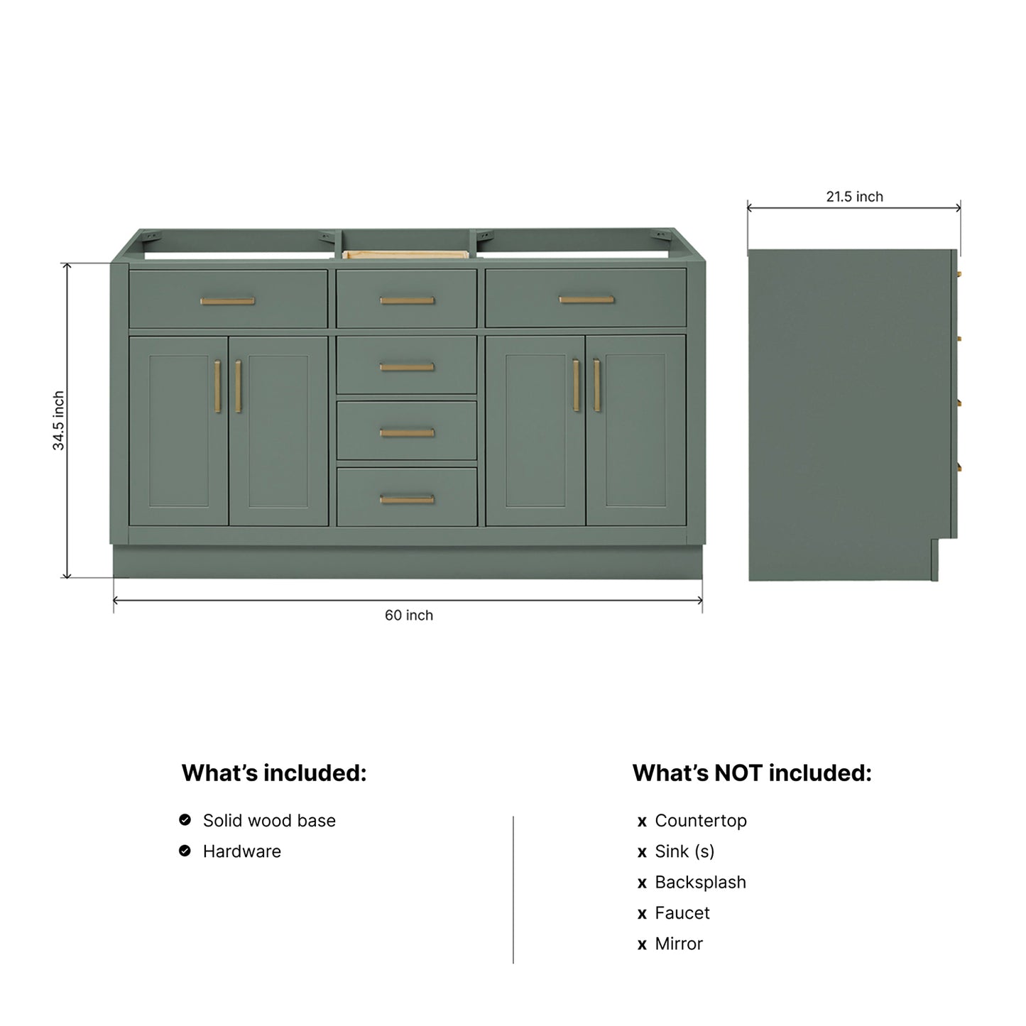 Isabella 60-inch Vintage Green base cabinet on dimensions