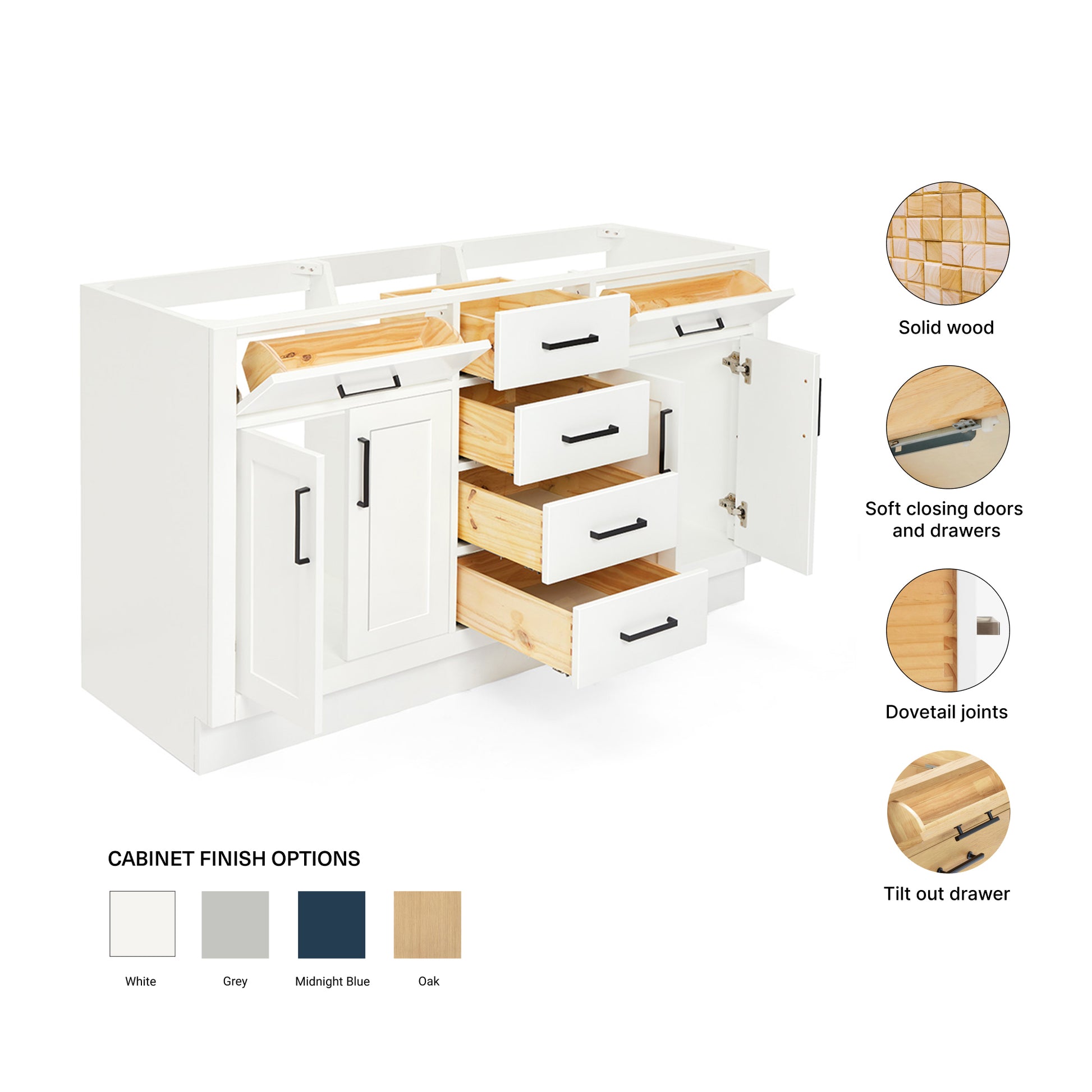 Isabella 60-inch White base cabinet on feature highlights: solid wood frame, soft-close doors and drawers, Sherwin-Williams paint finish