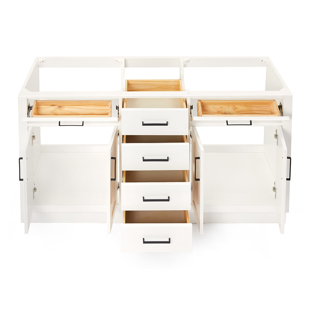 Isabella 60-inch White base cabinet on white back ground front view open door