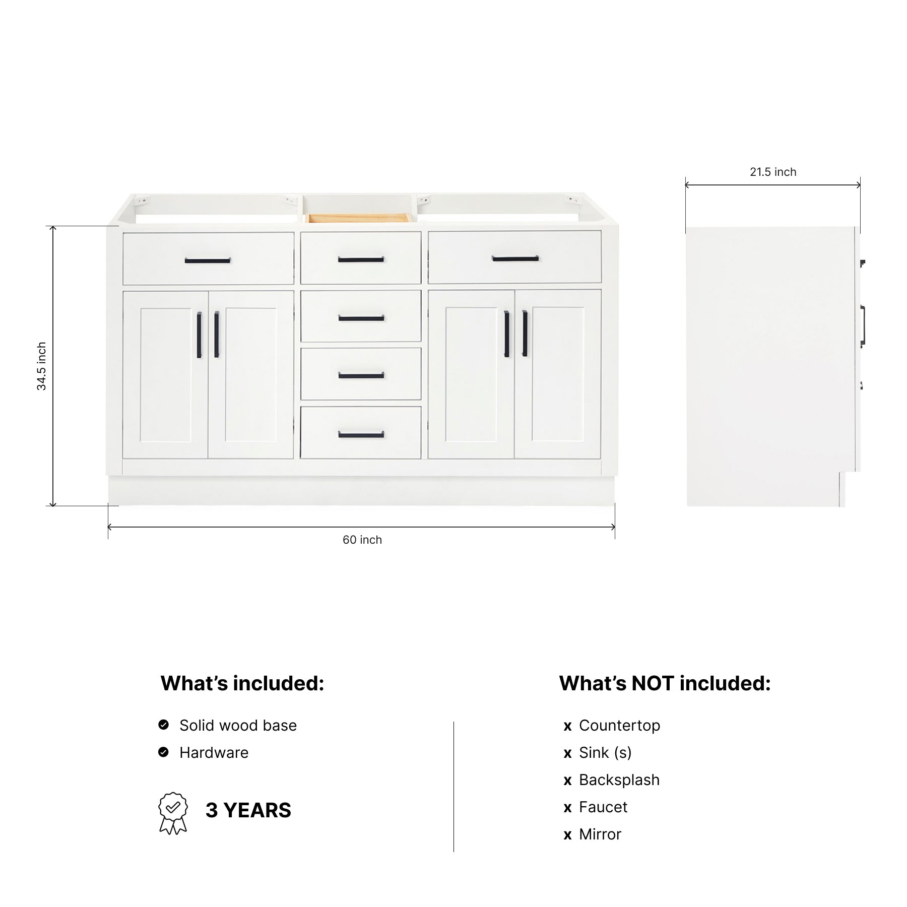 Isabella 60-inch White base cabinet on dimensions
