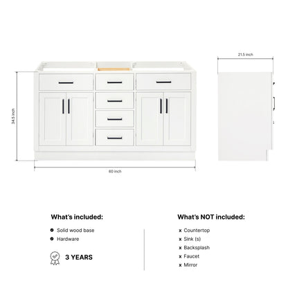 Isabella 60-inch White base cabinet on dimensions