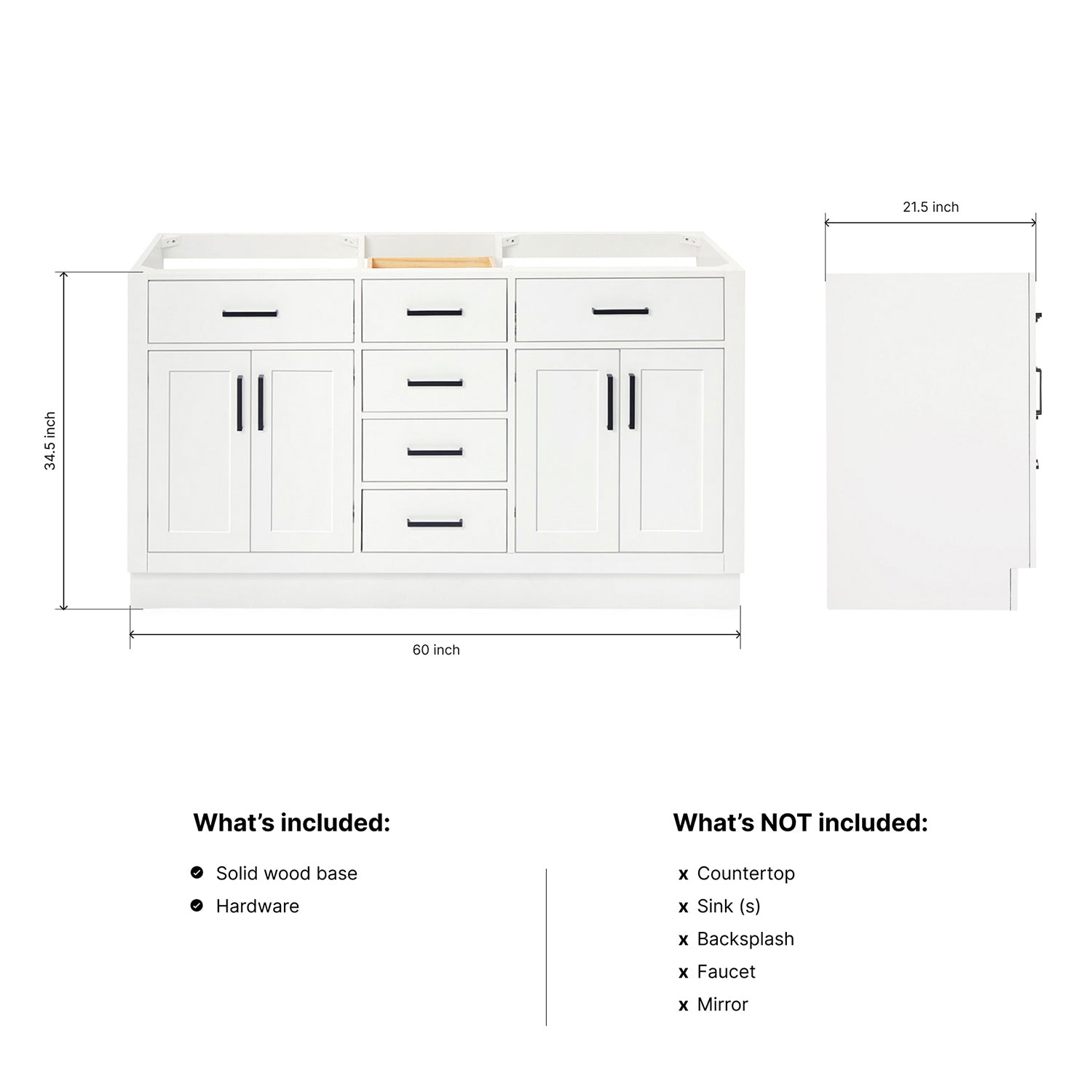 Isabella 60-inch White base cabinet on dimensions
