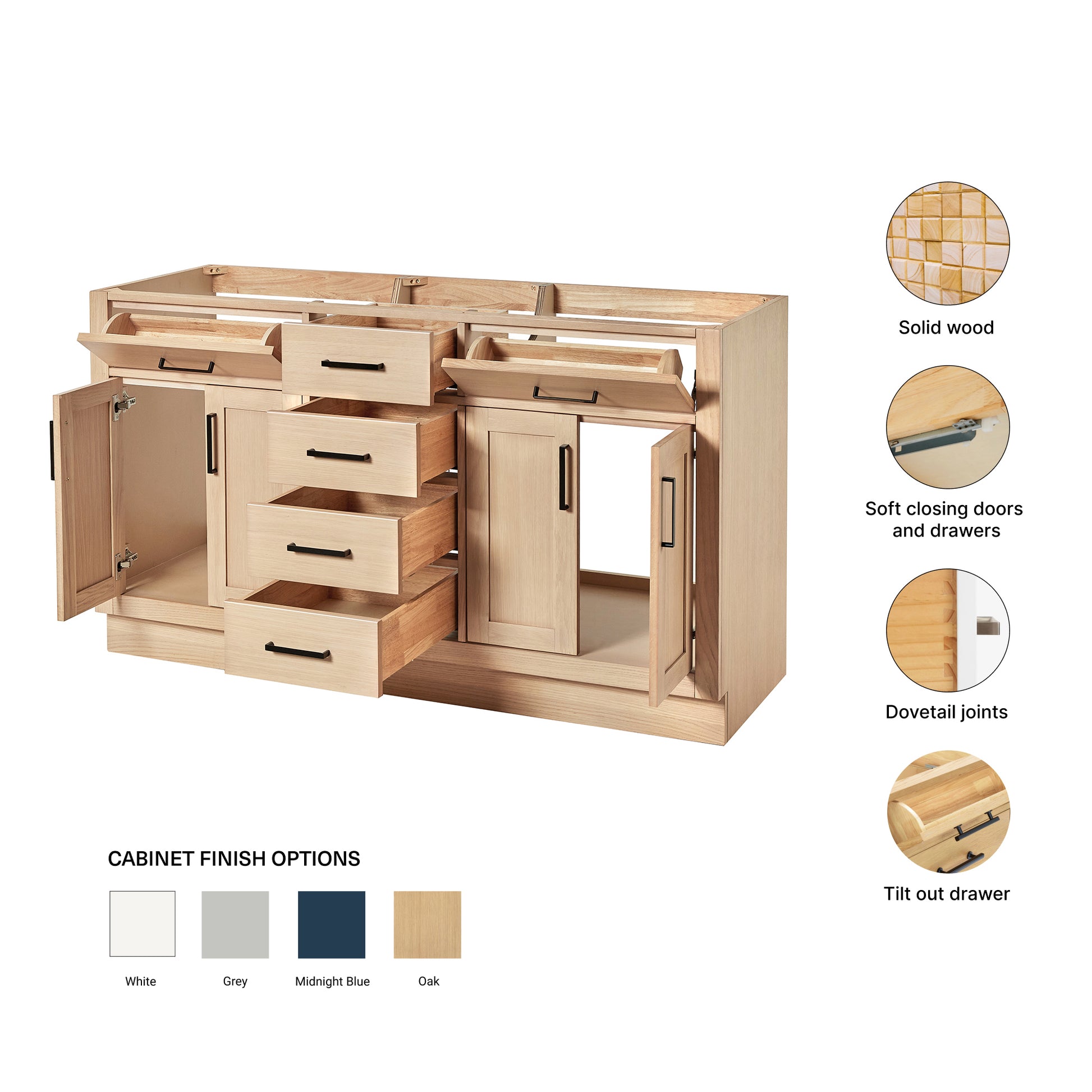 Isabella 60-inch Natural Oak base cabinet on feature highlights: solid wood frame, soft-close doors and drawers, Sherwin-Williams paint finish
