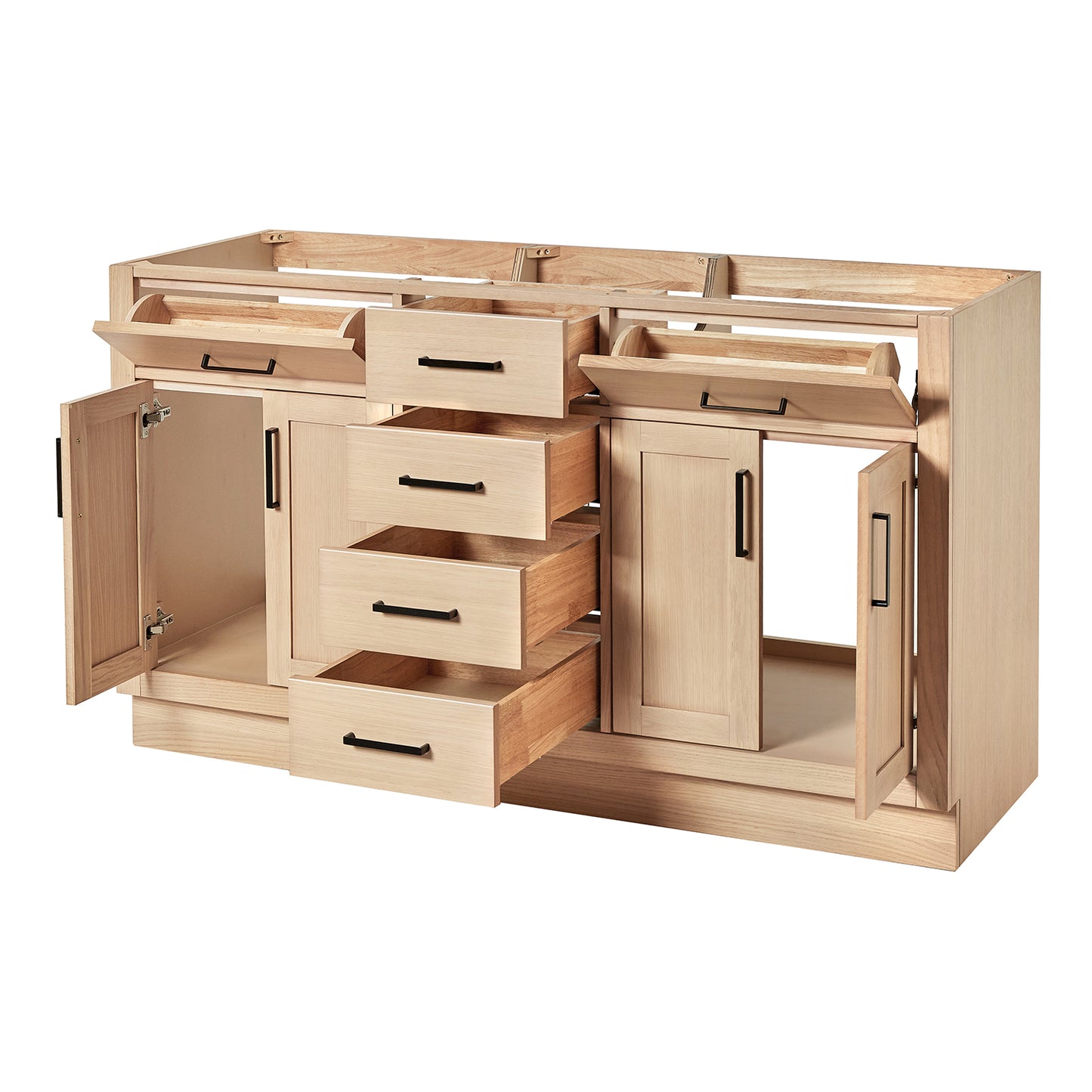 Isabella 60-inch Natural Oak base cabinet on white back ground side view open door