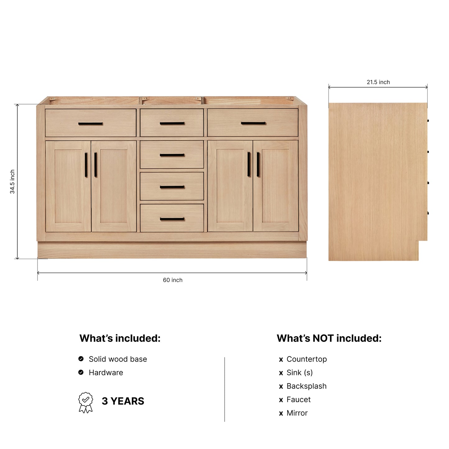 Isabella 60-inch Natural Oak base cabinet on dimensions