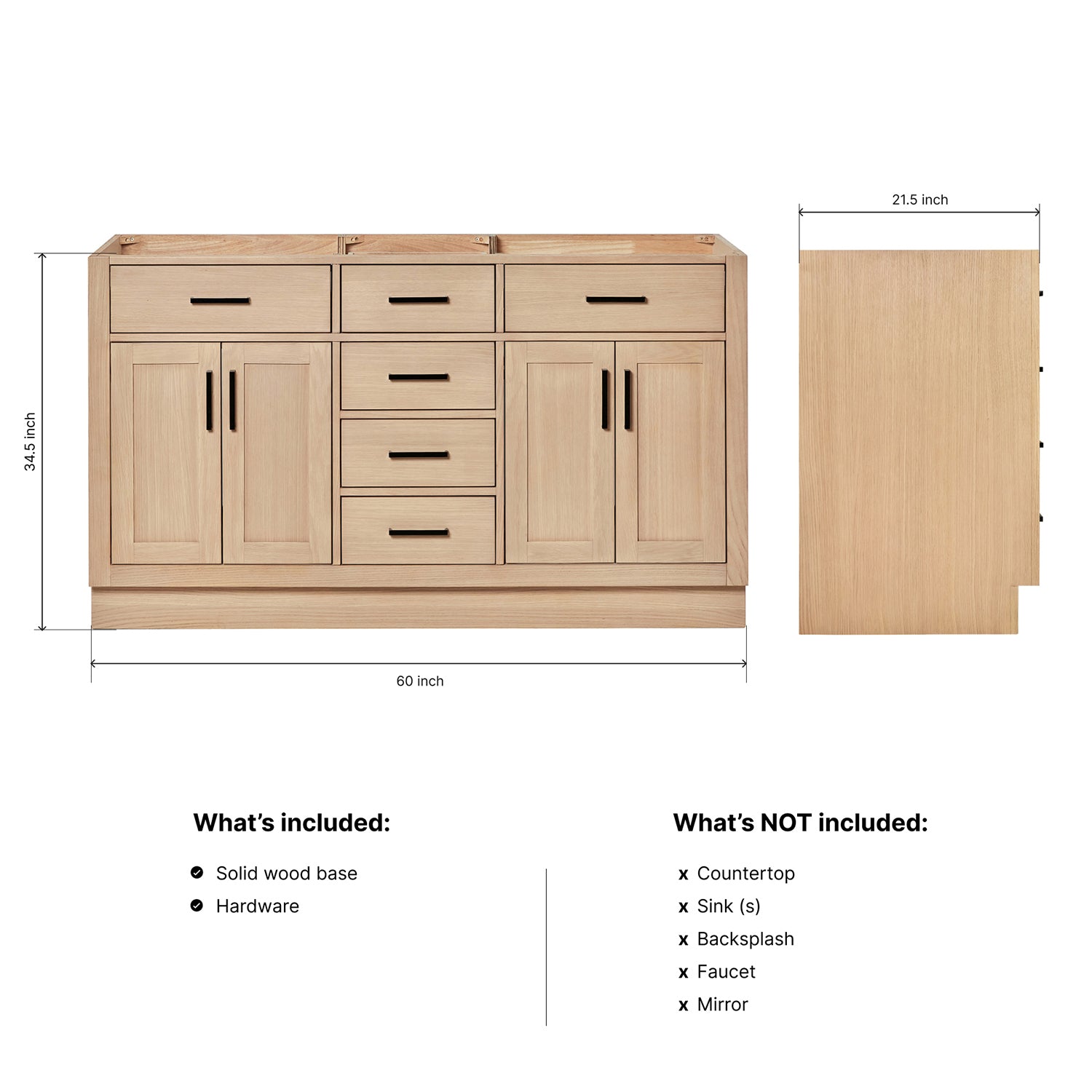 Isabella 60-inch Natural Oak base cabinet on dimensions