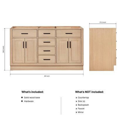 Isabella 60-inch Natural Oak base cabinet on dimensions