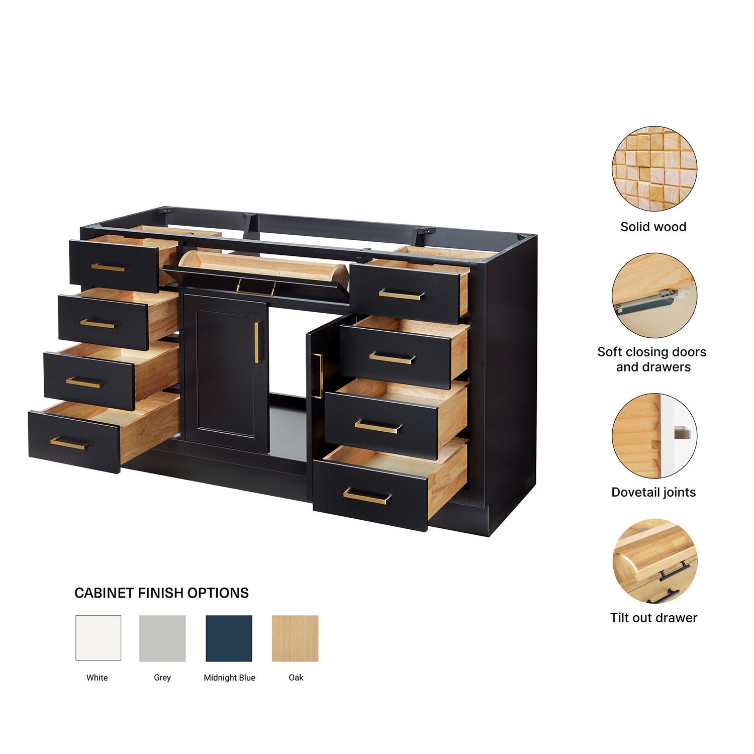 Isabella 60-inch Black base cabinet on feature highlights: solid wood frame, soft-close doors and drawers, Sherwin-Williams paint finish