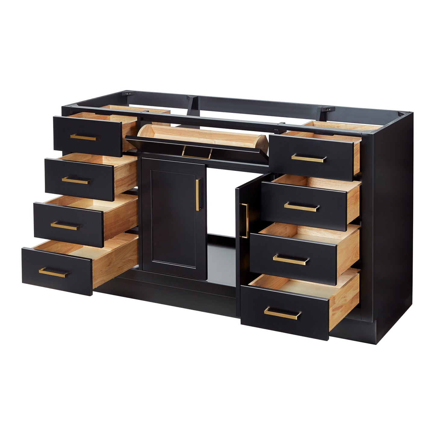 Isabella 60-inch Black base cabinet on white back ground side view open door