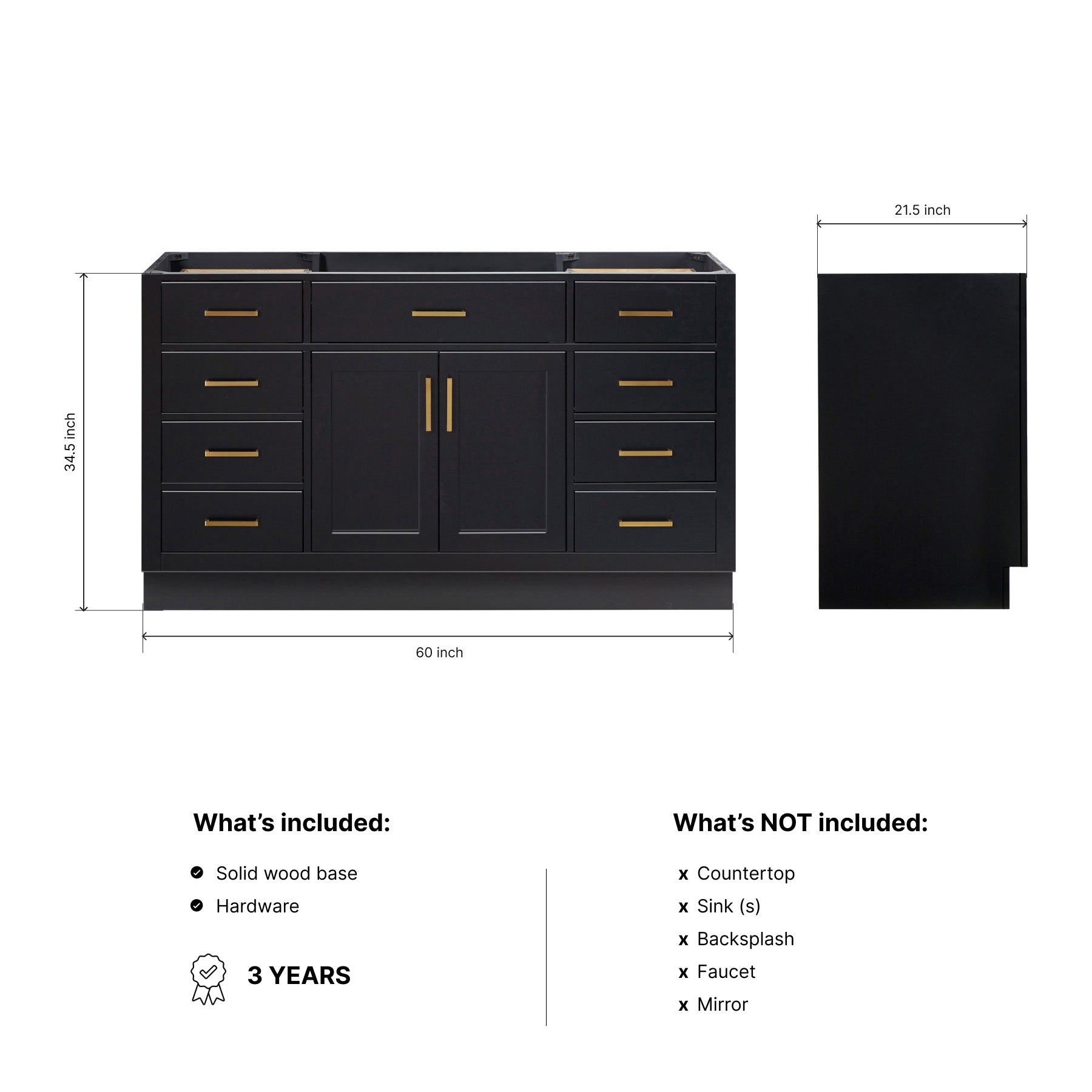 Isabella 60-inch Black base cabinet on dimensions