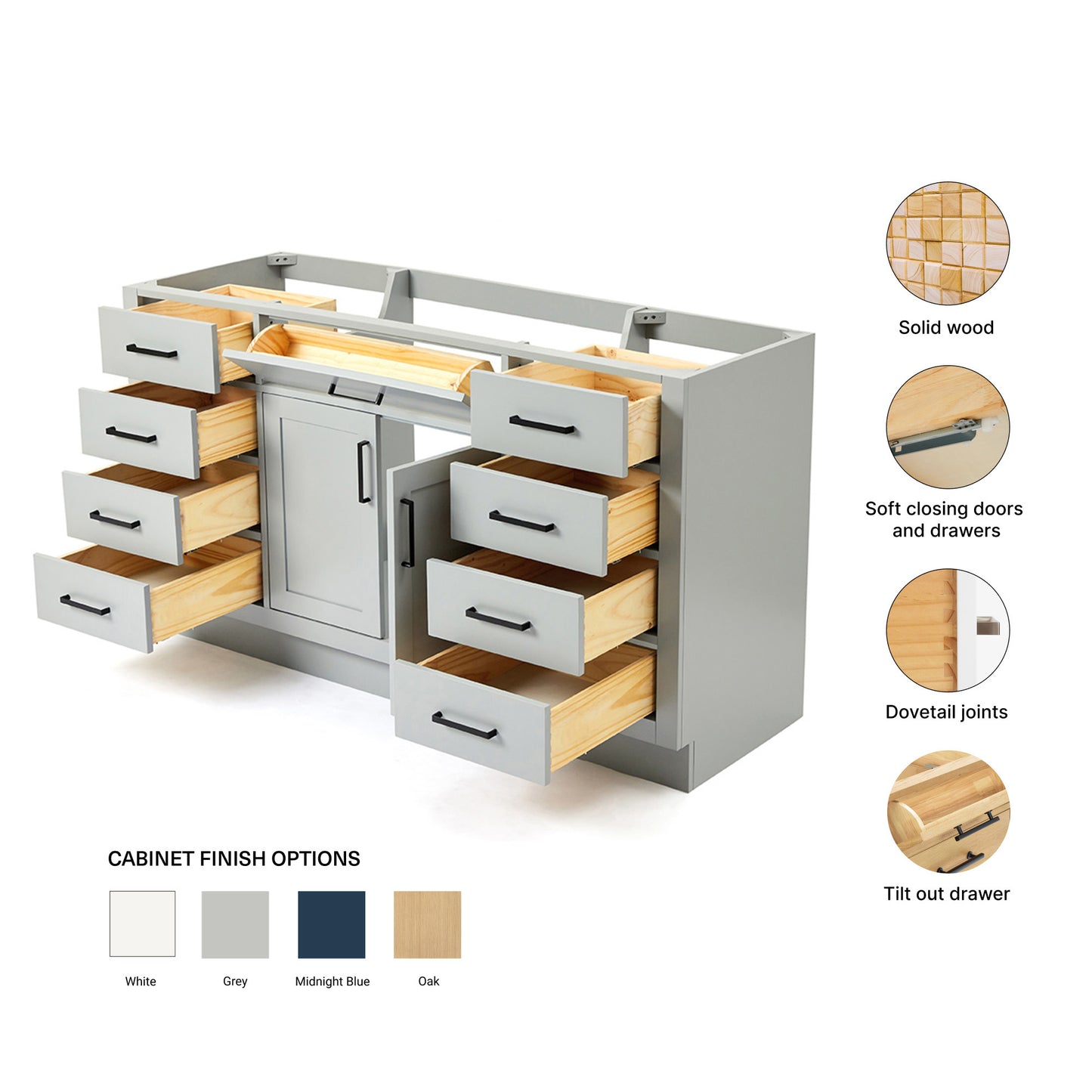 Isabella 60-inch Grey base cabinet on feature highlights: solid wood frame, soft-close doors and drawers, Sherwin-Williams paint finish