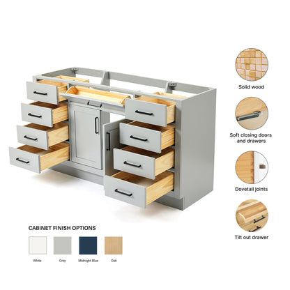 Isabella 60-inch Grey base cabinet on feature highlights: solid wood frame, soft-close doors and drawers, Sherwin-Williams paint finish
