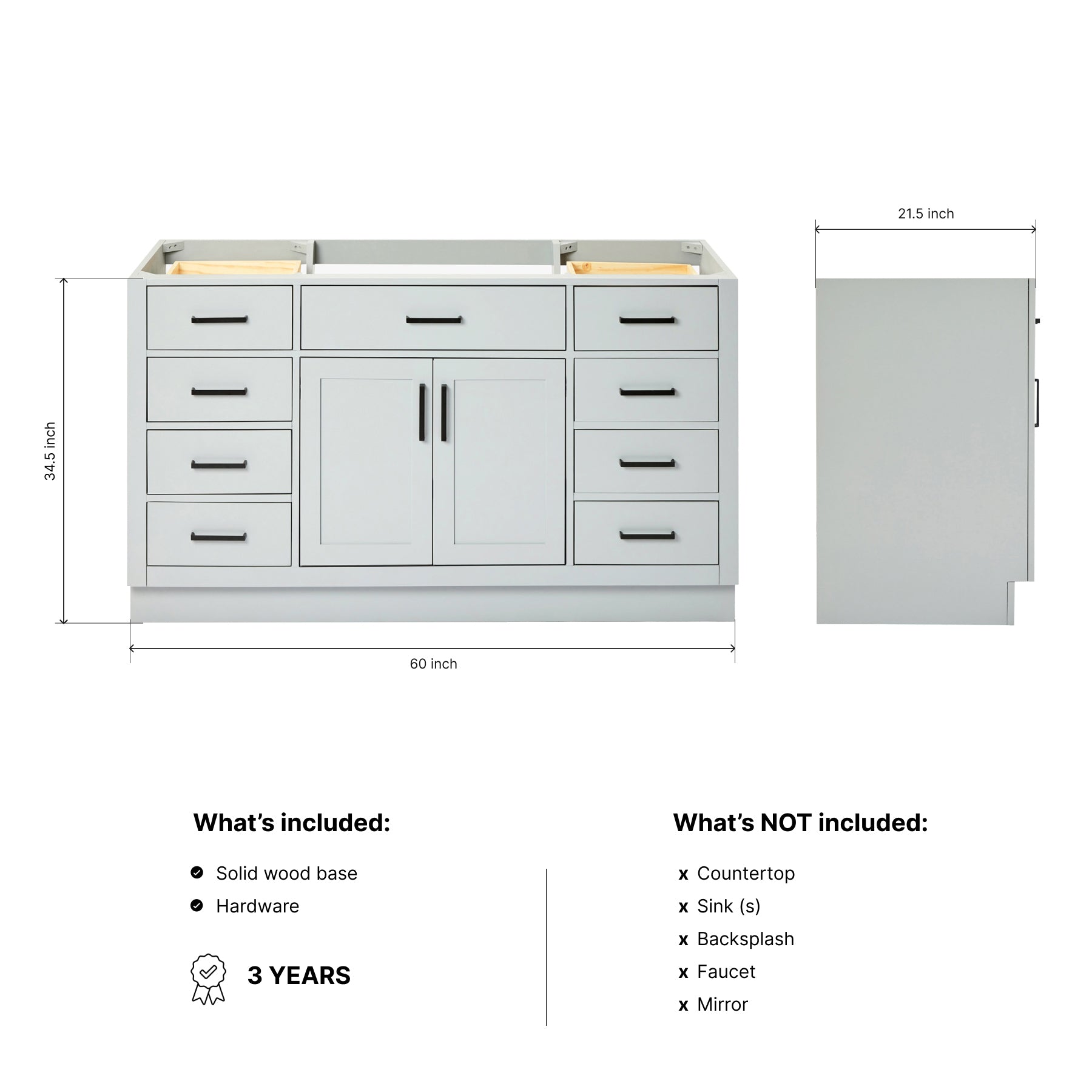 Isabella 60-inch Grey base cabinet on dimensions