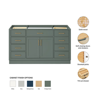 Isabella 60-inch Vintage Green base cabinet on feature highlights: solid wood frame, soft-close doors and drawers, Sherwin-Williams paint finish